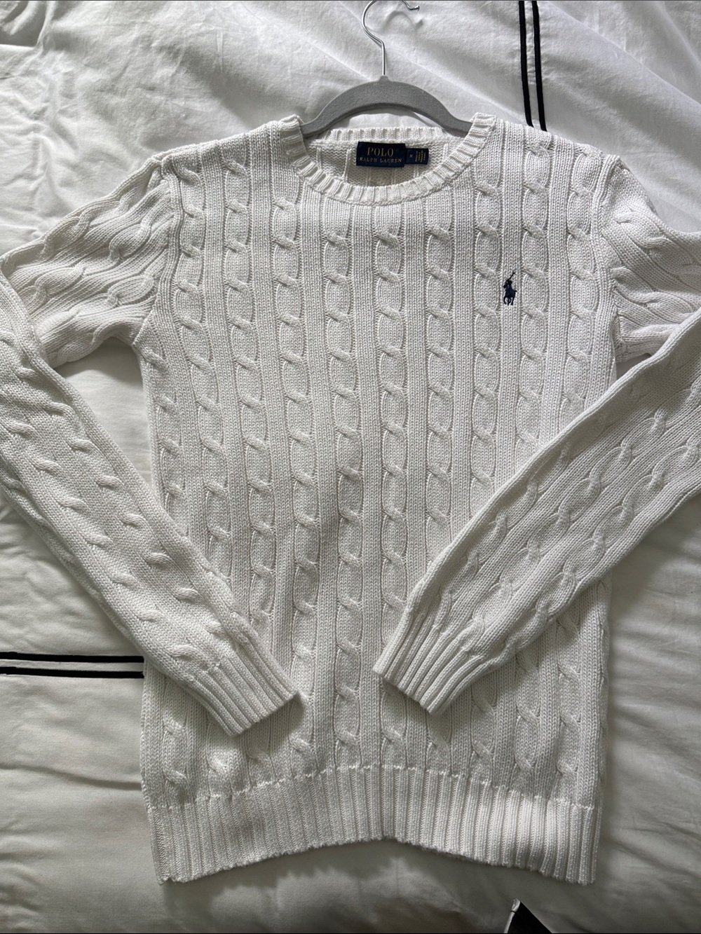 Polo by Ralph Lauren White Cable Knit Crewneck Sweater with Navy Pony - Picture 2 of 5